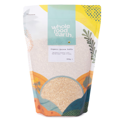 Organic Quinoa Puffs from Whole Food Earth, 500g bag, displaying light, airy quinoa puffs in a clear bowl.