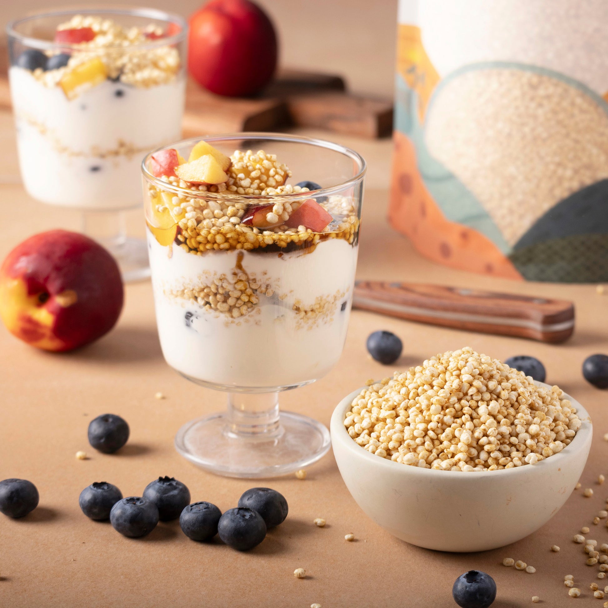Organic quinoa puffs from Whole Food Earth in a bowl, served as a healthy cereal with fresh fruit and milk.