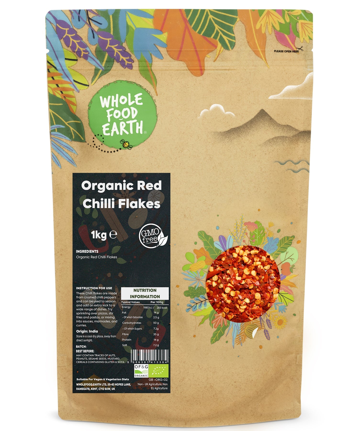 Organic red chili flakes from Whole Food Earth in a 1kg package, showing vibrant red dried chili flakes for spicy flavor.