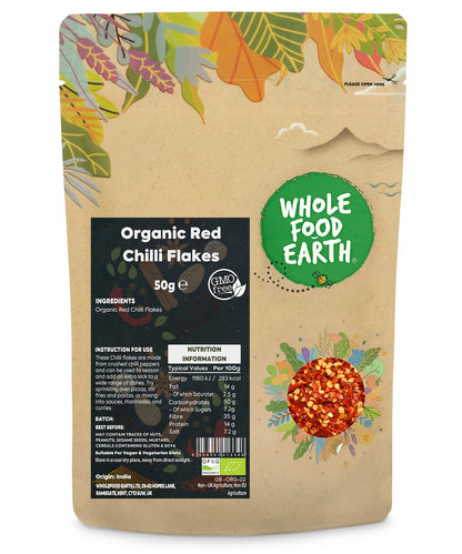 Organic red chili flakes from Whole Food Earth, close-up of vibrant red dried chili flakes in a jar.
