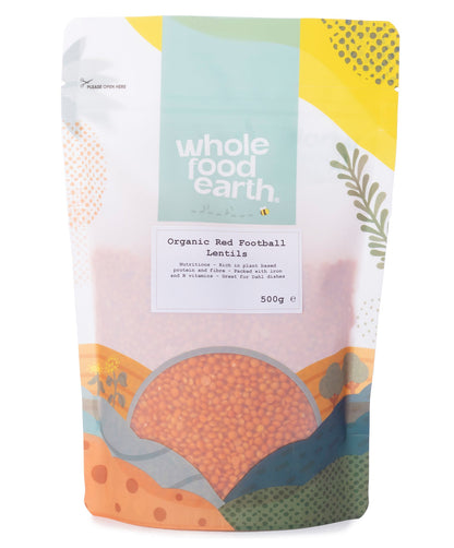 Organic red football lentils from Whole Food Earth, a 500g package of nutritious beans and pulses with vibrant red color.