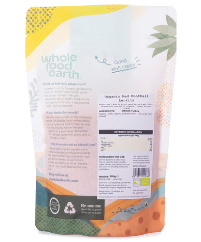 Organic red football lentils from Whole Food Earth, showing a close-up of vibrant red lentils in a 500g bag.