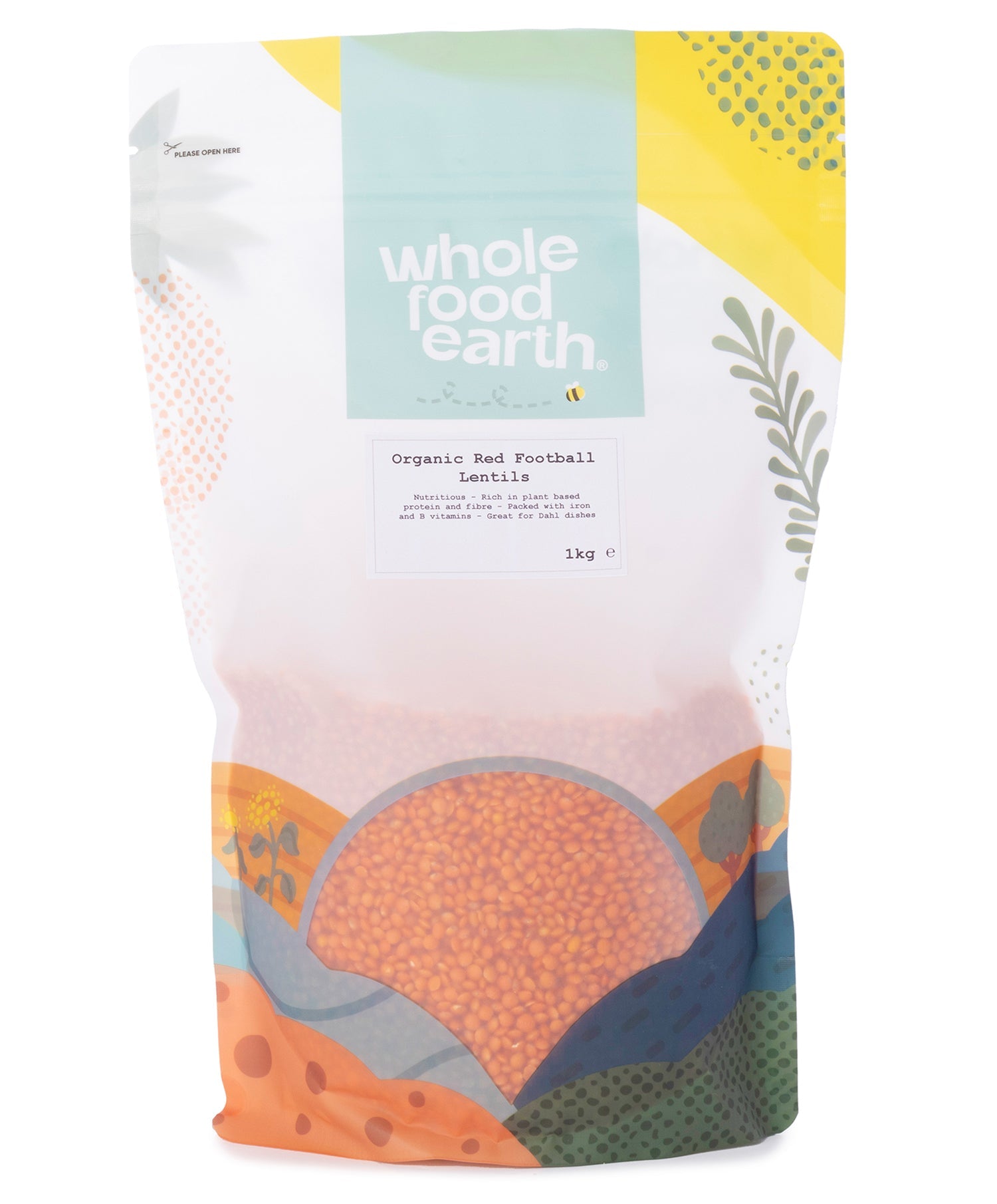 Organic red football lentils from Whole Food Earth, showing a close-up of vibrant, dry lentils in a 1kg package.