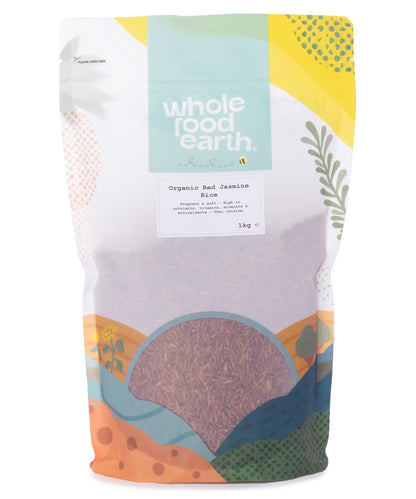 Organic Red Jasmine Rice from Whole Food Earth, showing a 1kg bag of red jasmine rice with vibrant grains and natural packaging.