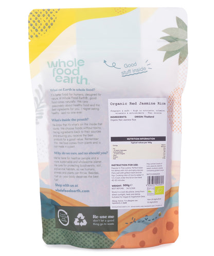 Organic Red Jasmine Rice from Whole Food Earth, 500g, showing vibrant red grains in a clear bowl.
