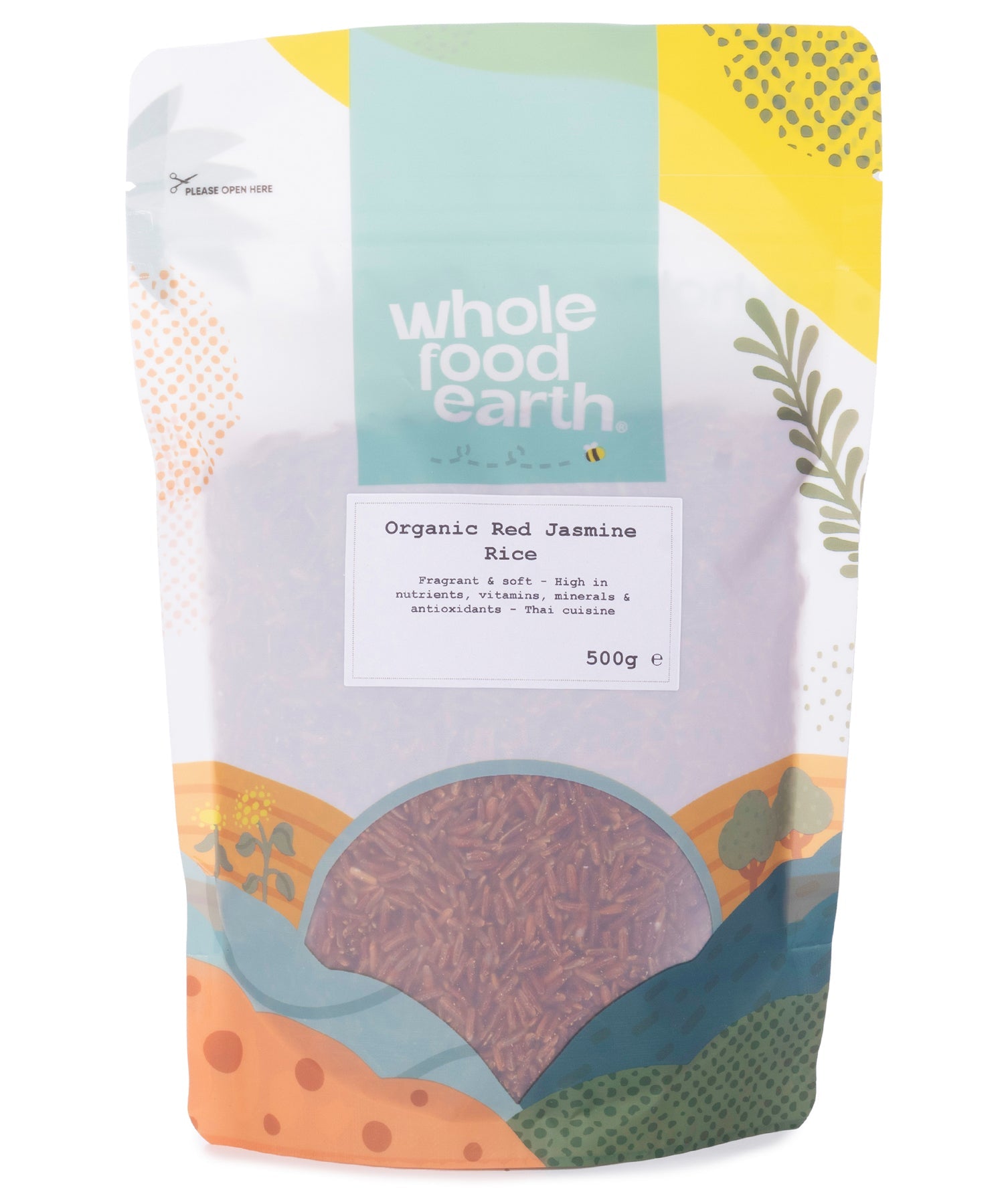 Organic Red Jasmine Rice from Whole Food Earth, 500g package, showing vibrant red grains suitable for cooking and healthy meals.