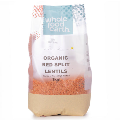 Organic red split lentils from Whole Food Earth, showing vibrant orange-red pulses in a close-up view.