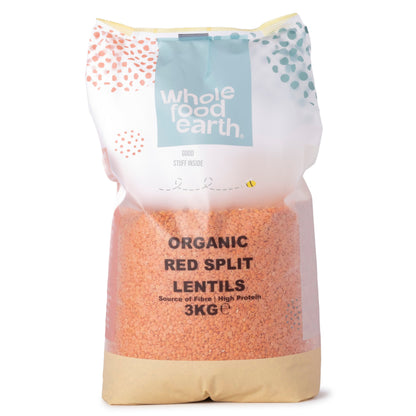 Organic red split lentils from Whole Food Earth, showing vibrant orange-red pulses in a 3kg bag for beans and pulses.