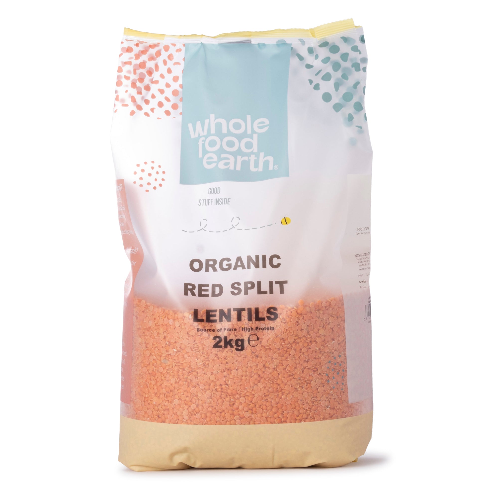 Organic red split lentils from Whole Food Earth, showing vibrant orange-red beans in a 2kg bag, ideal for soups and stews.