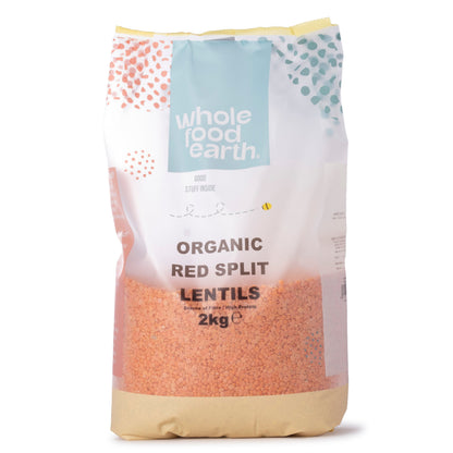 Organic red split lentils from Whole Food Earth, showing vibrant orange-red beans in a 2kg bag, ideal for soups and stews.