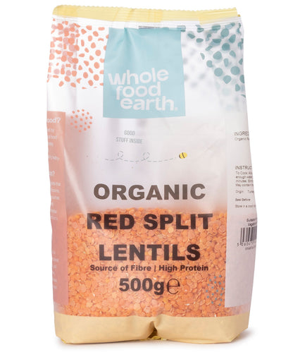 Organic red split lentils from Whole Food Earth, showing small, vibrant orange pulses in a close-up view.