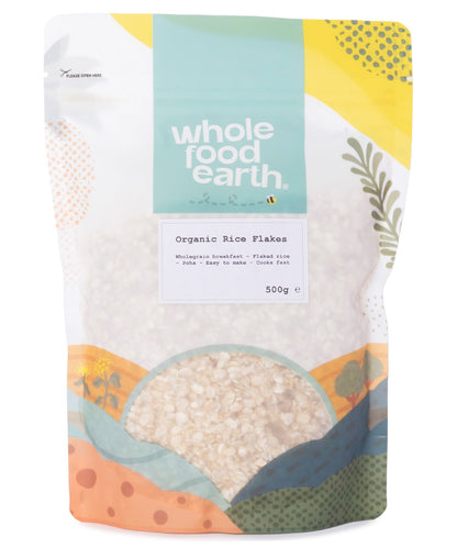 Organic rice flakes from Whole Food Earth, showing light, crunchy grains in a 500g package, ideal for healthy breakfast or baking.