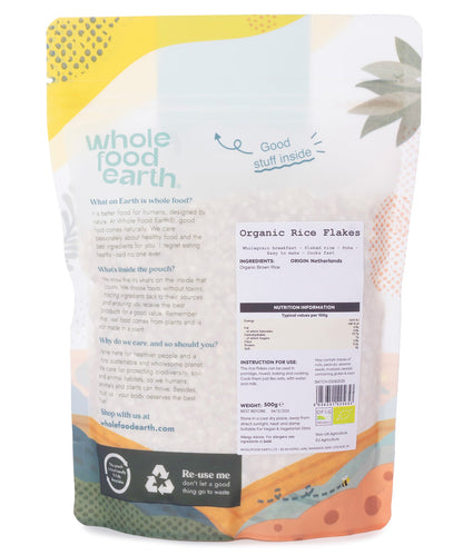 Organic rice flakes from Whole Food Earth, close-up of 500g package showing the textured rice cereal grains.