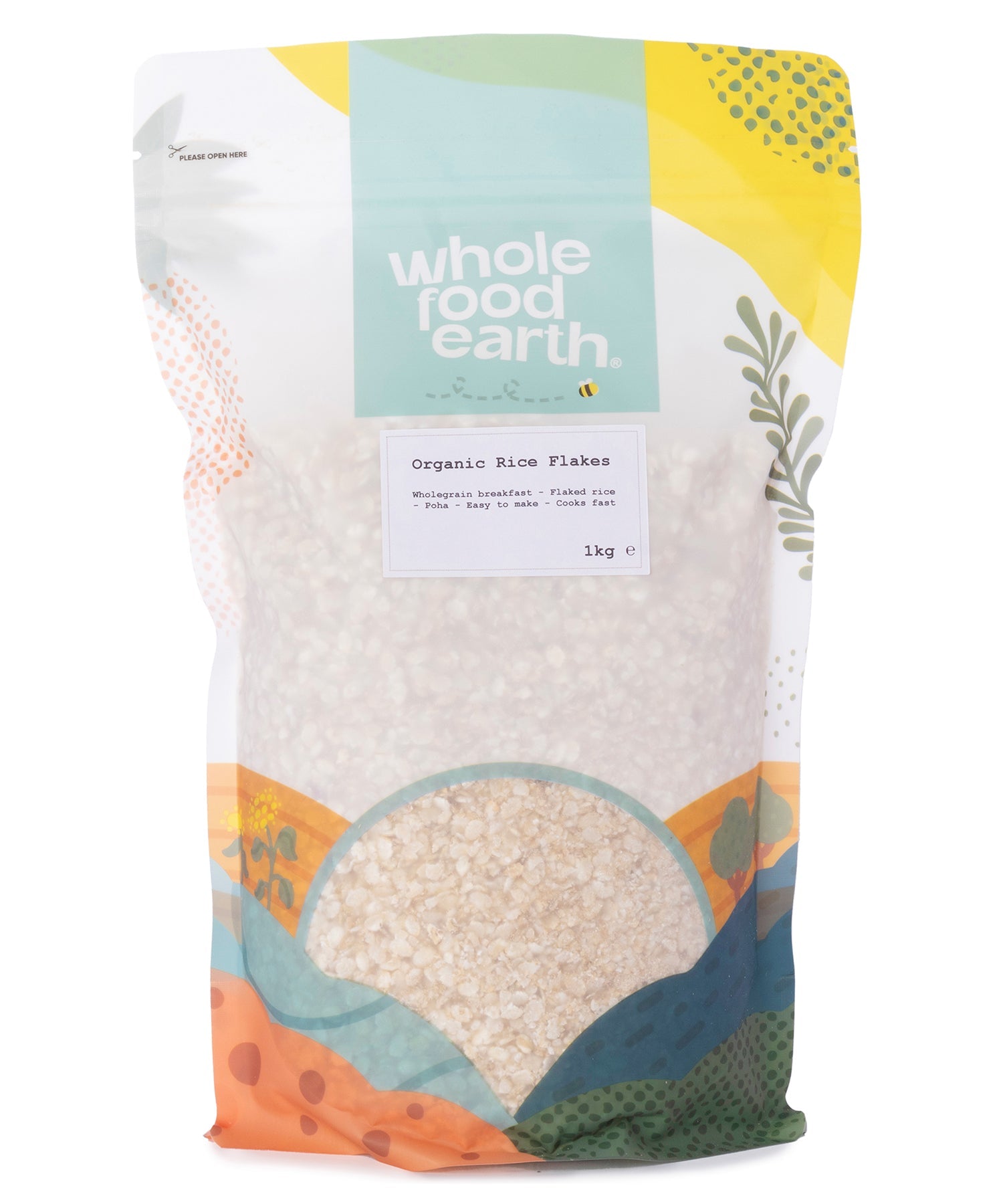 Organic rice flakes from Whole Food Earth in a 1kg package, showing the light, flaky texture of the grains.
