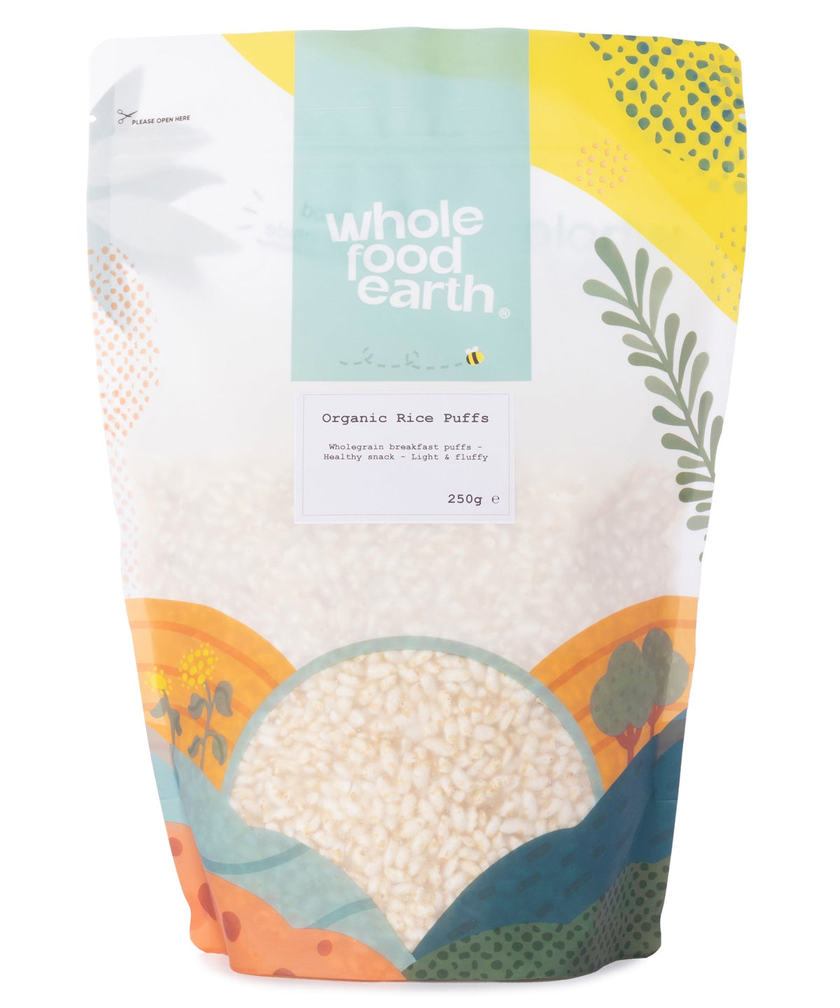 Organic Rice Puffs from Whole Food Earth, 250g, showing light, puffed rice grains in a natural, wholesome appearance.