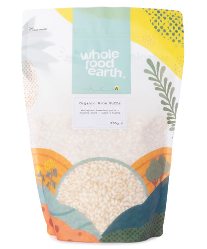 Organic Rice Puffs from Whole Food Earth, 250g, showing light, puffed rice grains in a natural, wholesome appearance.