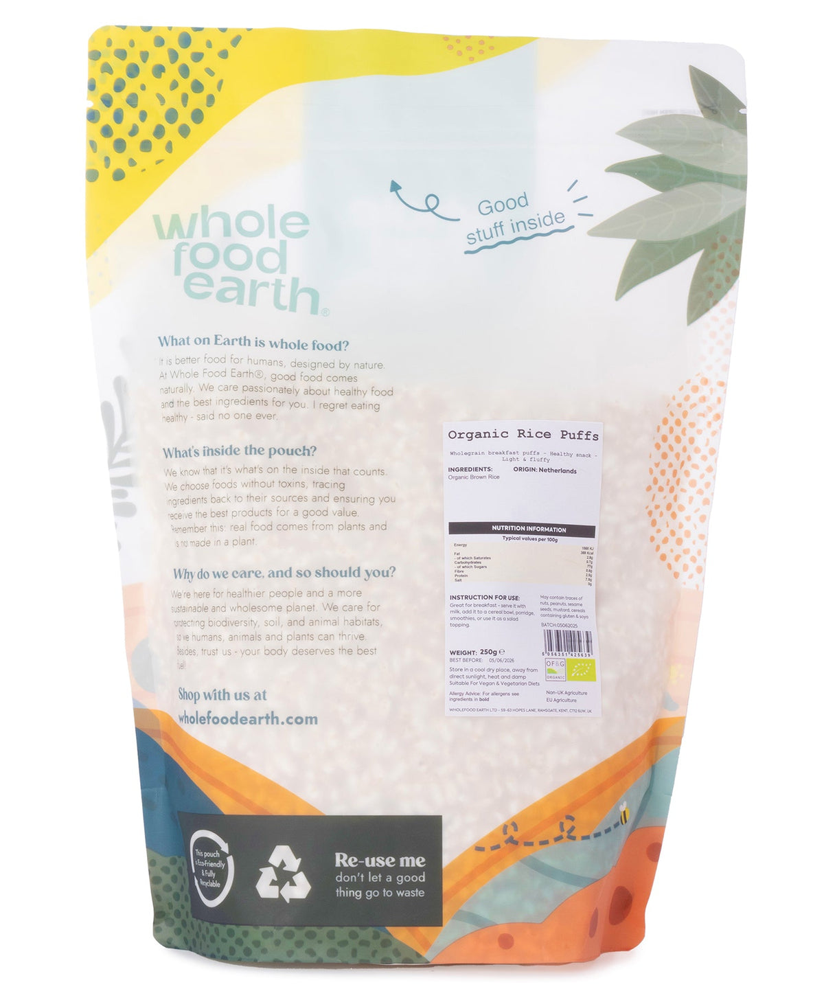 Organic Rice Puffs from Whole Food Earth, 250g package, close-up of light, crispy rice cereal puffs in a bowl.