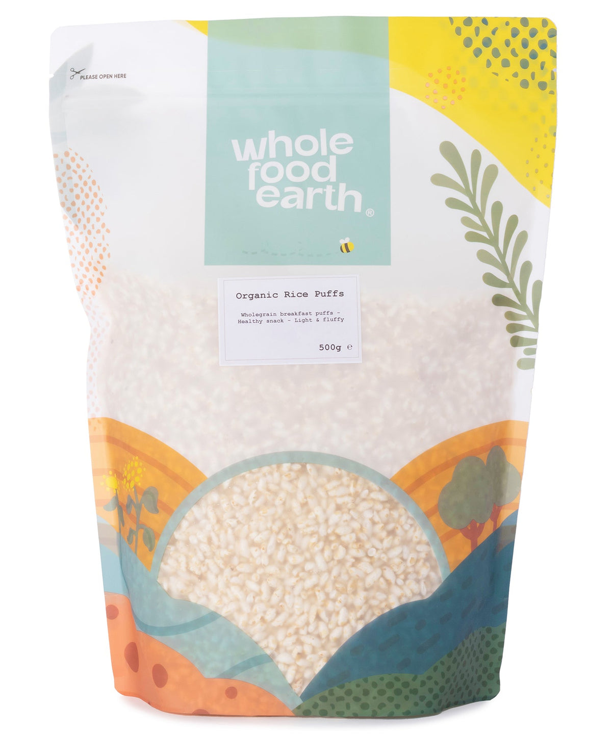 Organic rice puffs from Whole Food Earth, showing a bowl of crunchy, puffed rice grains in a clear glass dish.