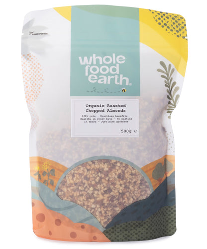 Organic roasted chopped almonds from Whole Food Earth, showing a container of chopped almonds on a white background.