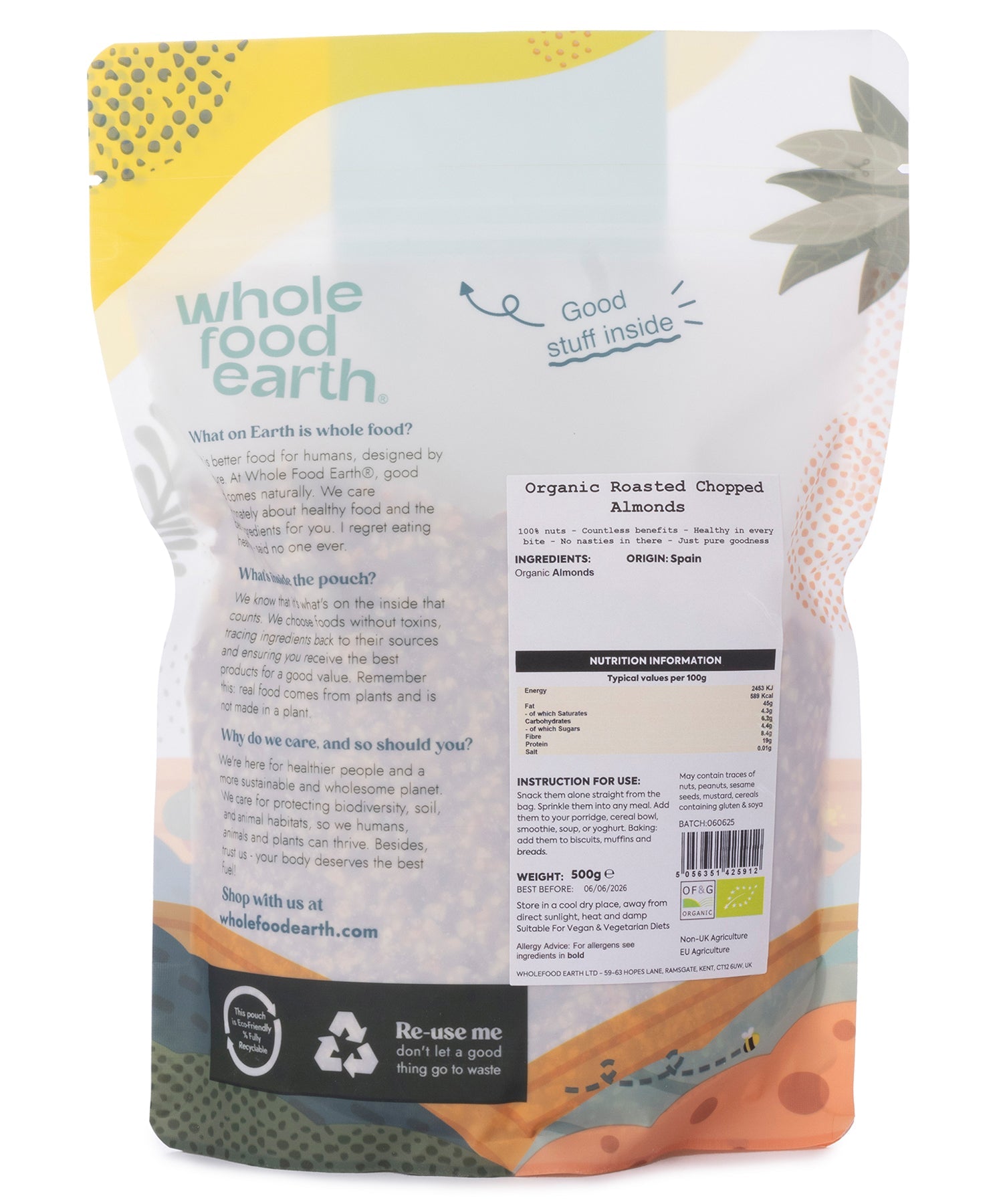 Organic roasted chopped almonds from Whole Food Earth, showing golden-brown almonds in a clear container.