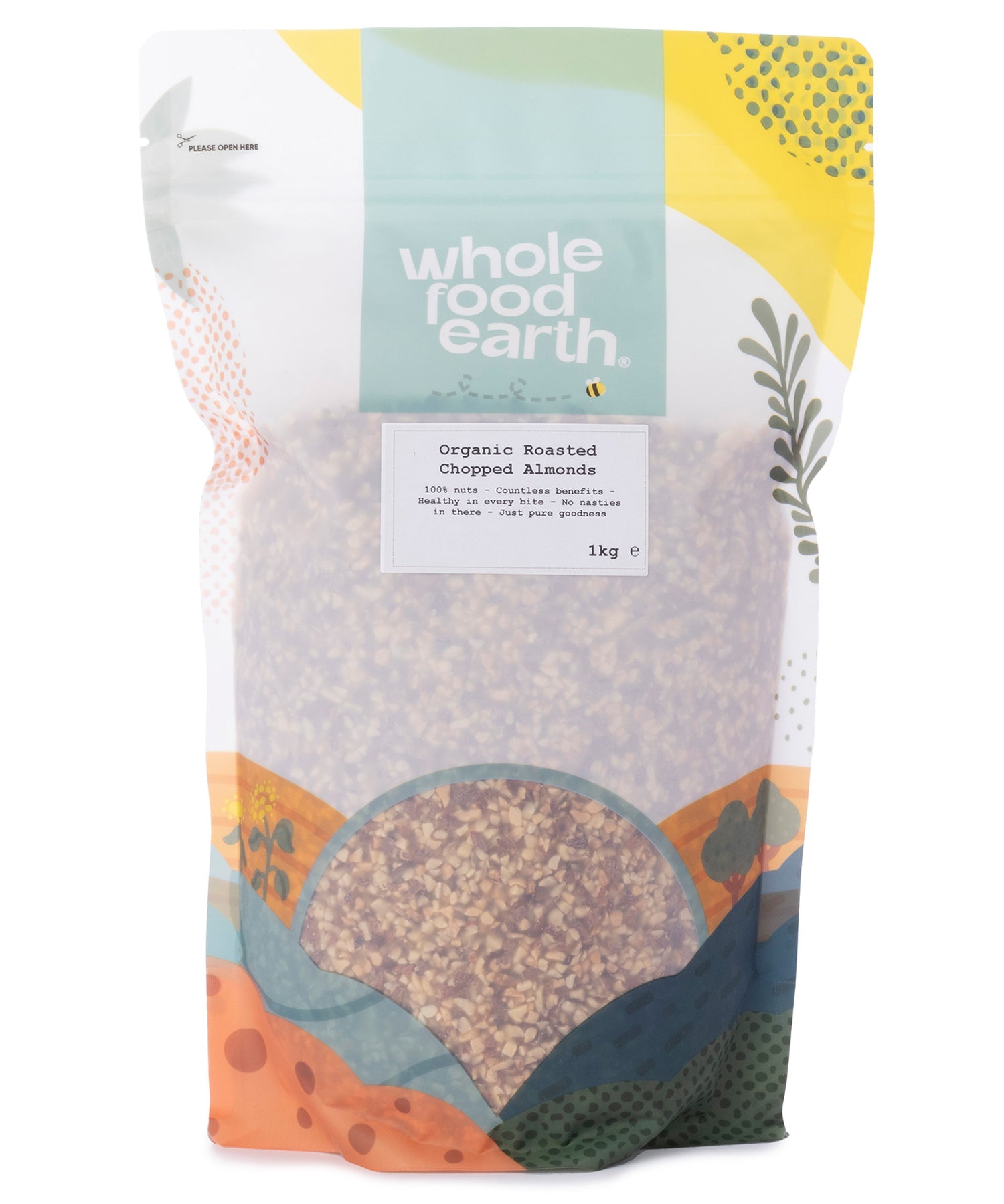Organic roasted chopped almonds from Whole Food Earth, showcasing golden, crunchy nuts in a clear view.