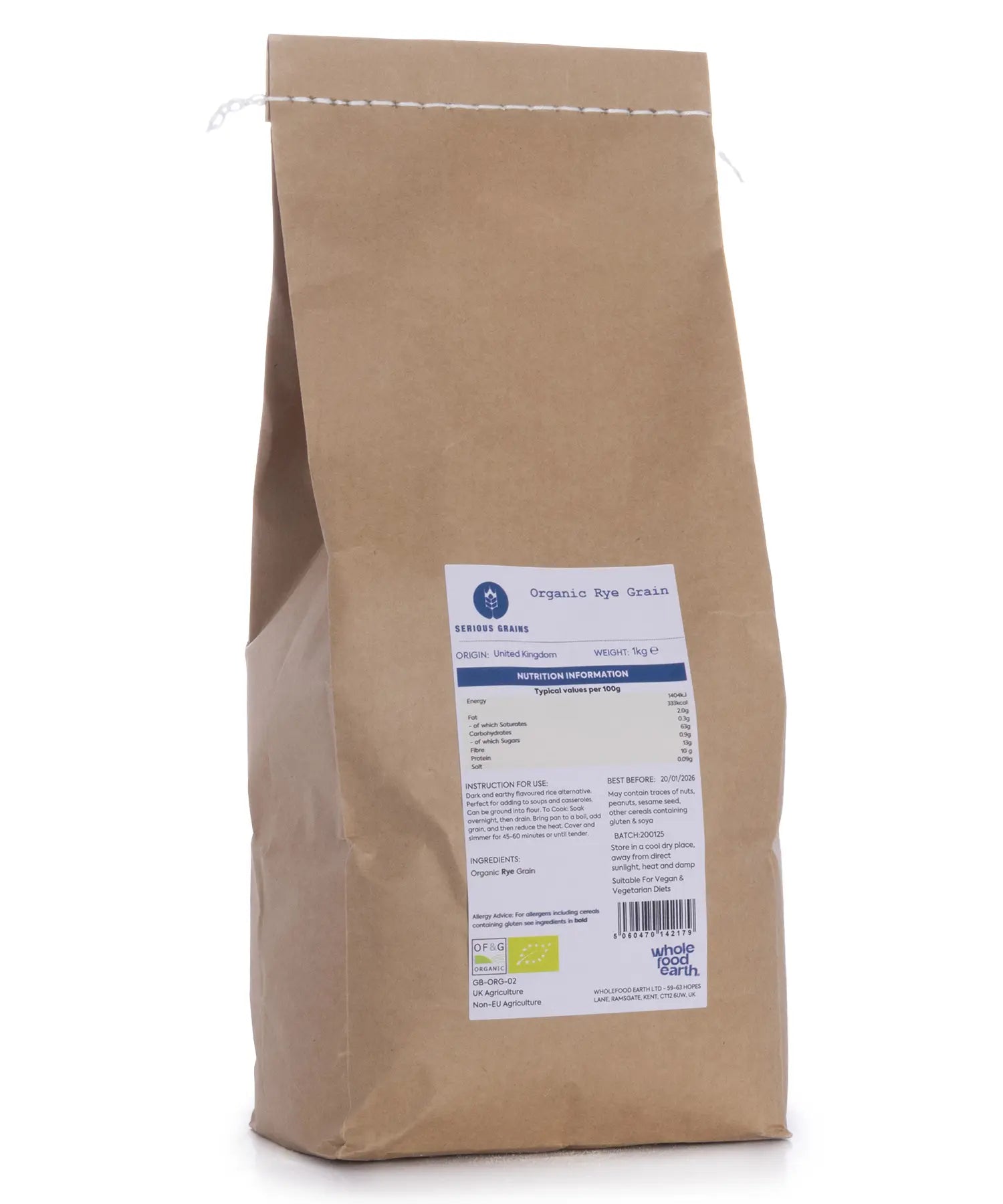 Organic rye grain from Whole Food Earth, showing 1kg of whole organic rye kernels for baking and cooking.