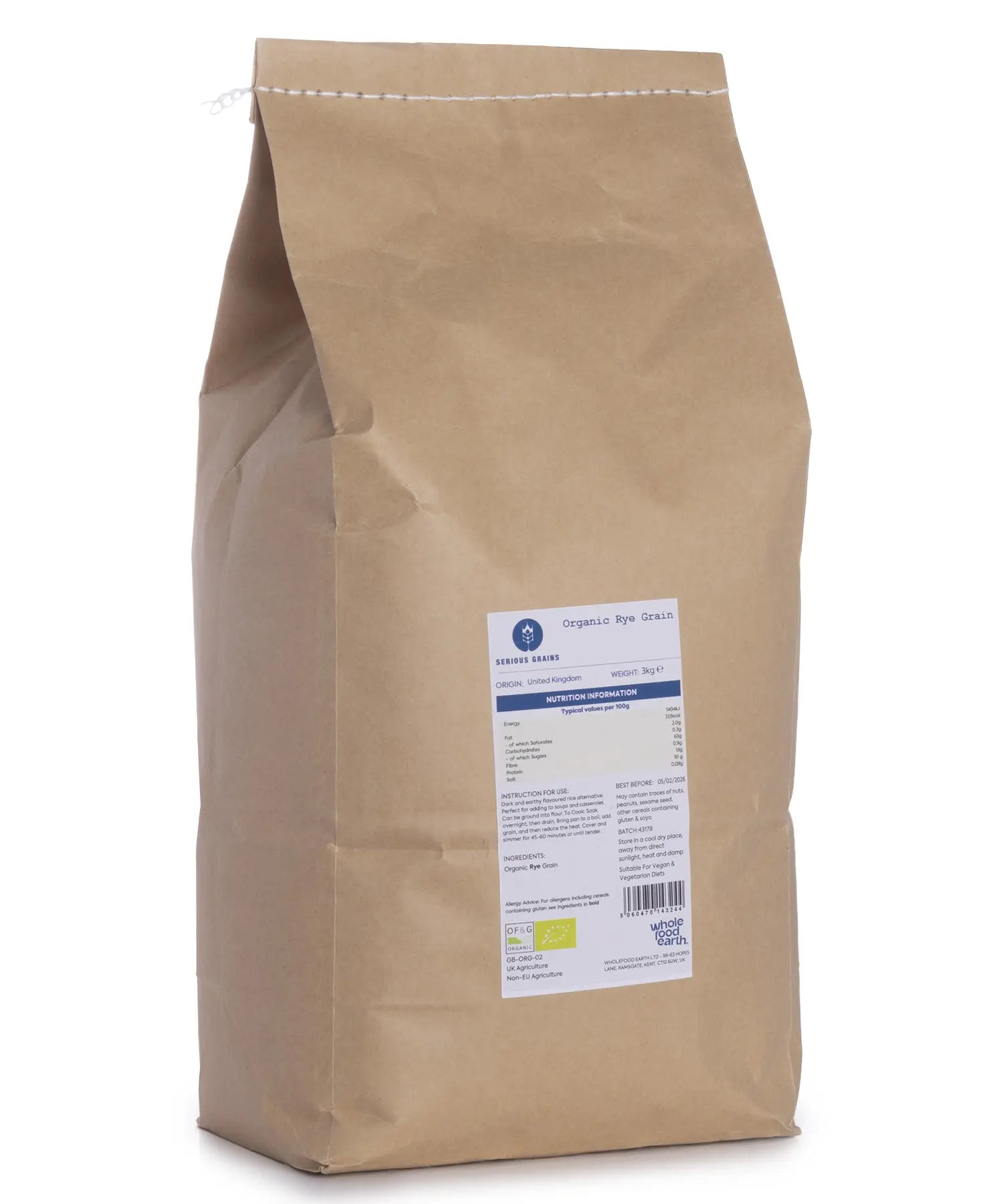 Organic rye grains from Whole Food Earth, 3kg bag, showing whole, unprocessed rye grains in a natural, textured appearance.