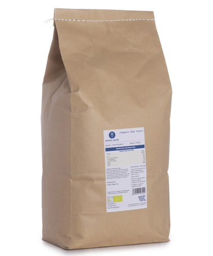 Organic rye grains from Whole Food Earth, 3kg bag, showing whole, unprocessed rye grains in a natural, textured appearance.