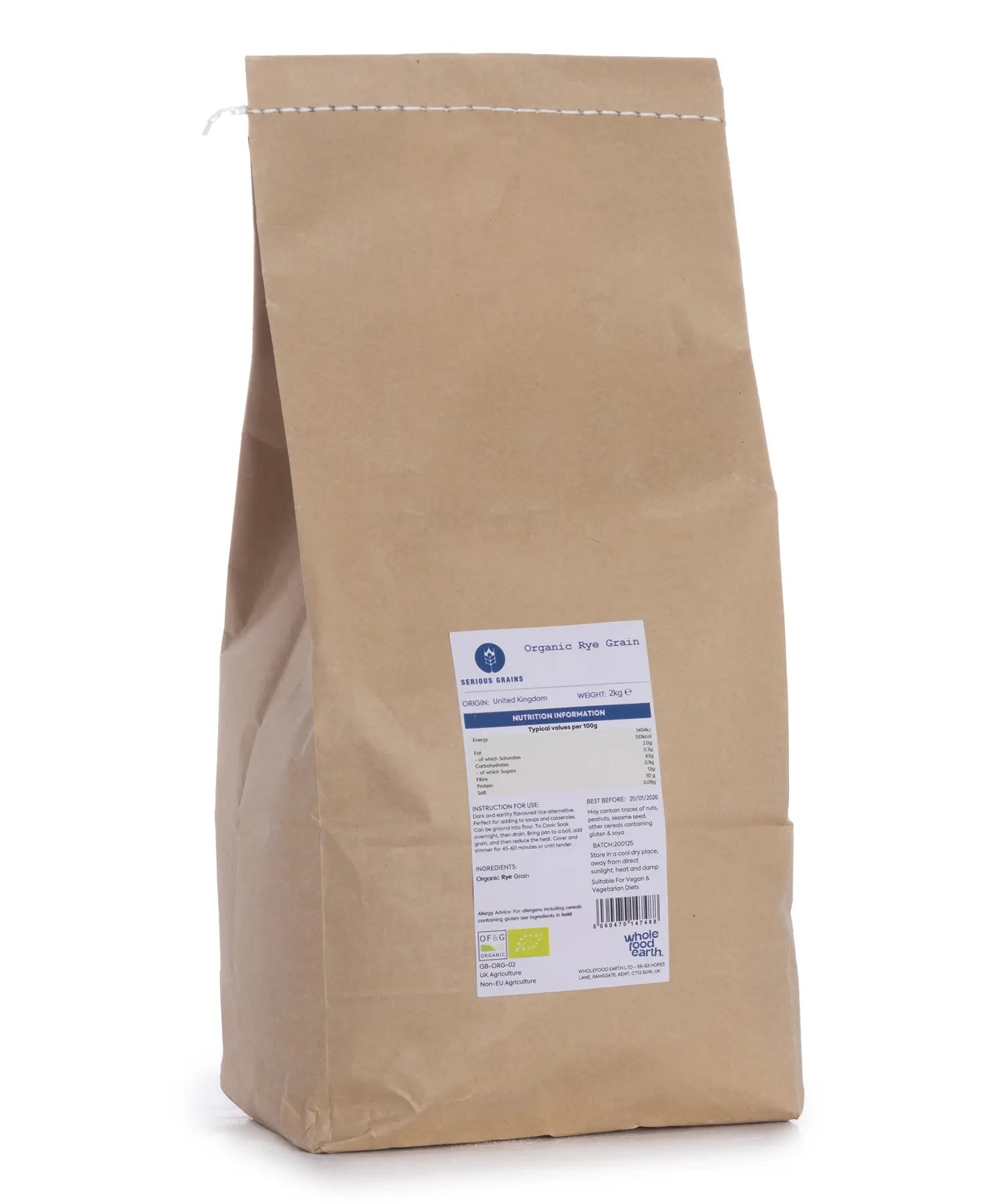 Organic rye grain from Whole Food Earth, showcasing 2kg bag of natural, unprocessed rye kernels for baking and cooking.