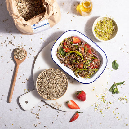 Organic Rye grain from Whole Food Earth, displayed in a natural setting with rye stalks and grains for wholesome baking.