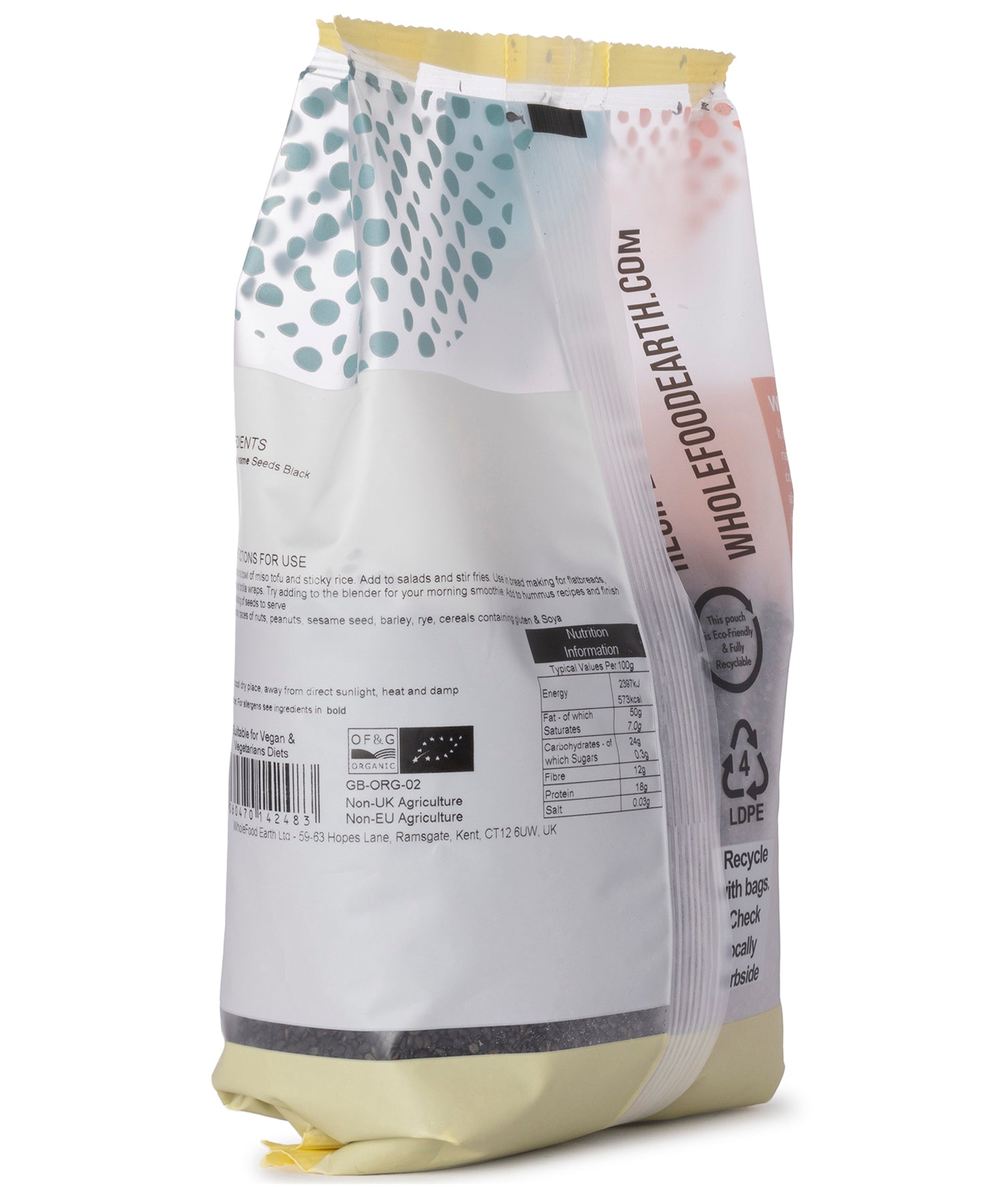 Black organic sesame seeds from Whole Food Earth, small open jar showing shiny seeds for nuts and seeds variety.