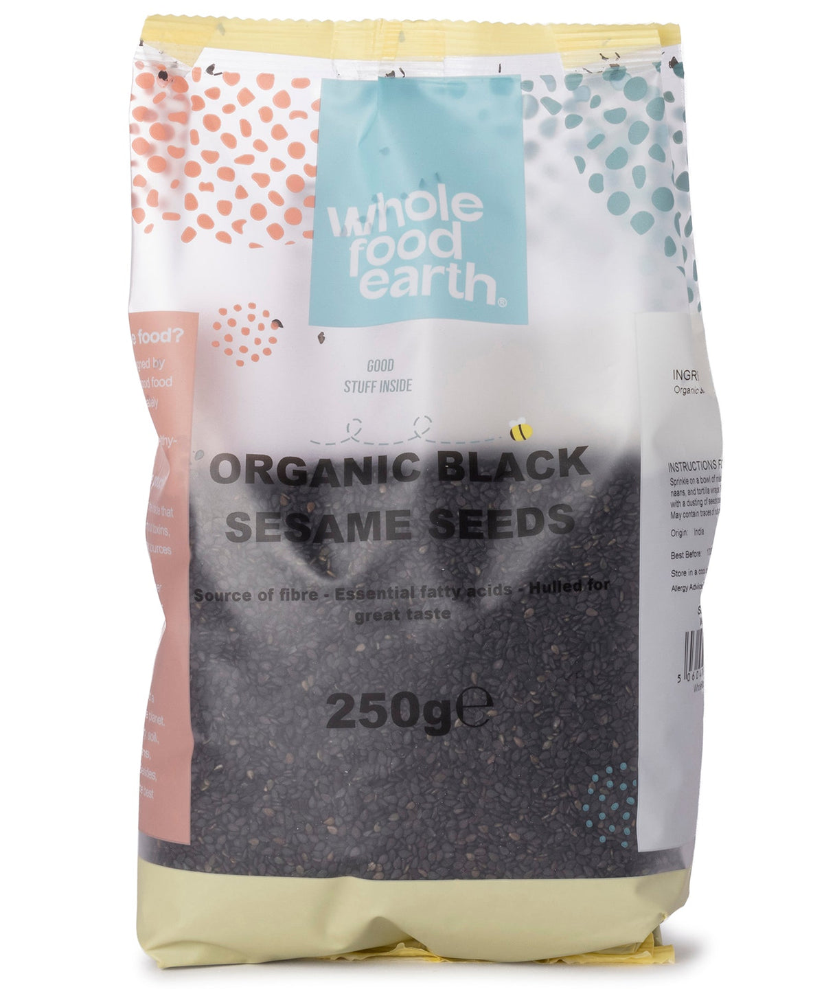 Organic black sesame seeds from Whole Food Earth, small black seeds for cooking and baking, 250g package.