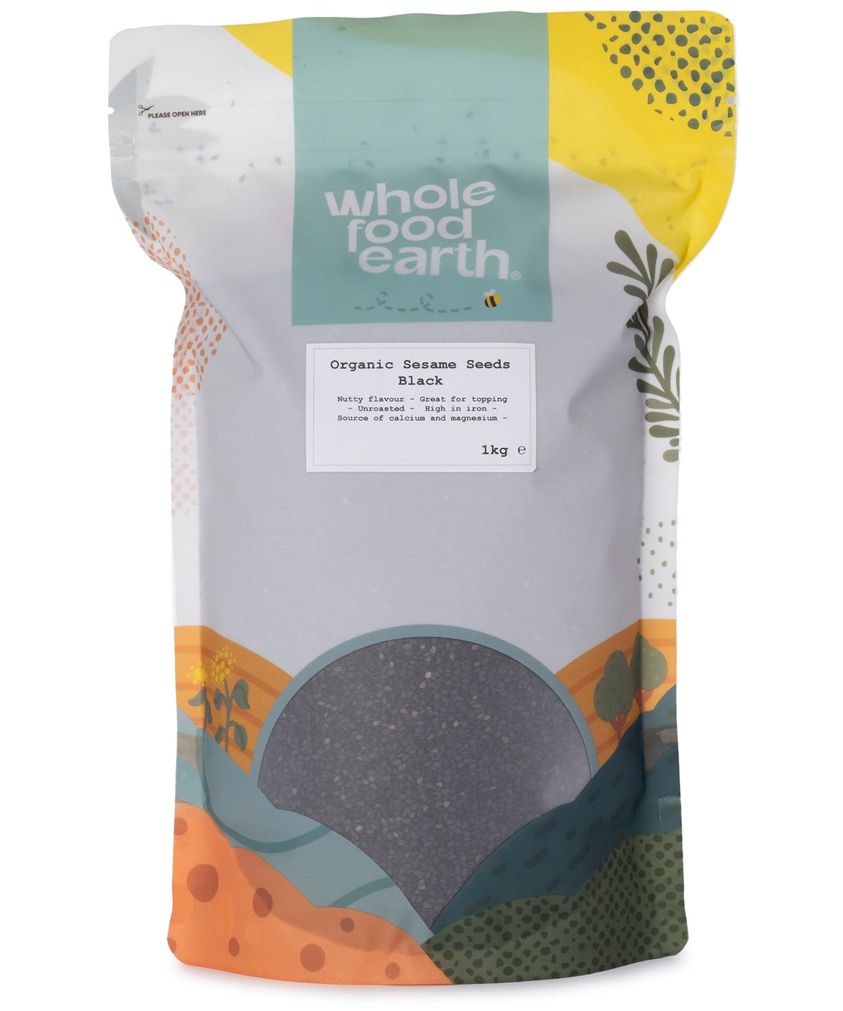 Organic black sesame seeds in a clear package, showing small black seeds, from Whole Food Earth, 1kg package.