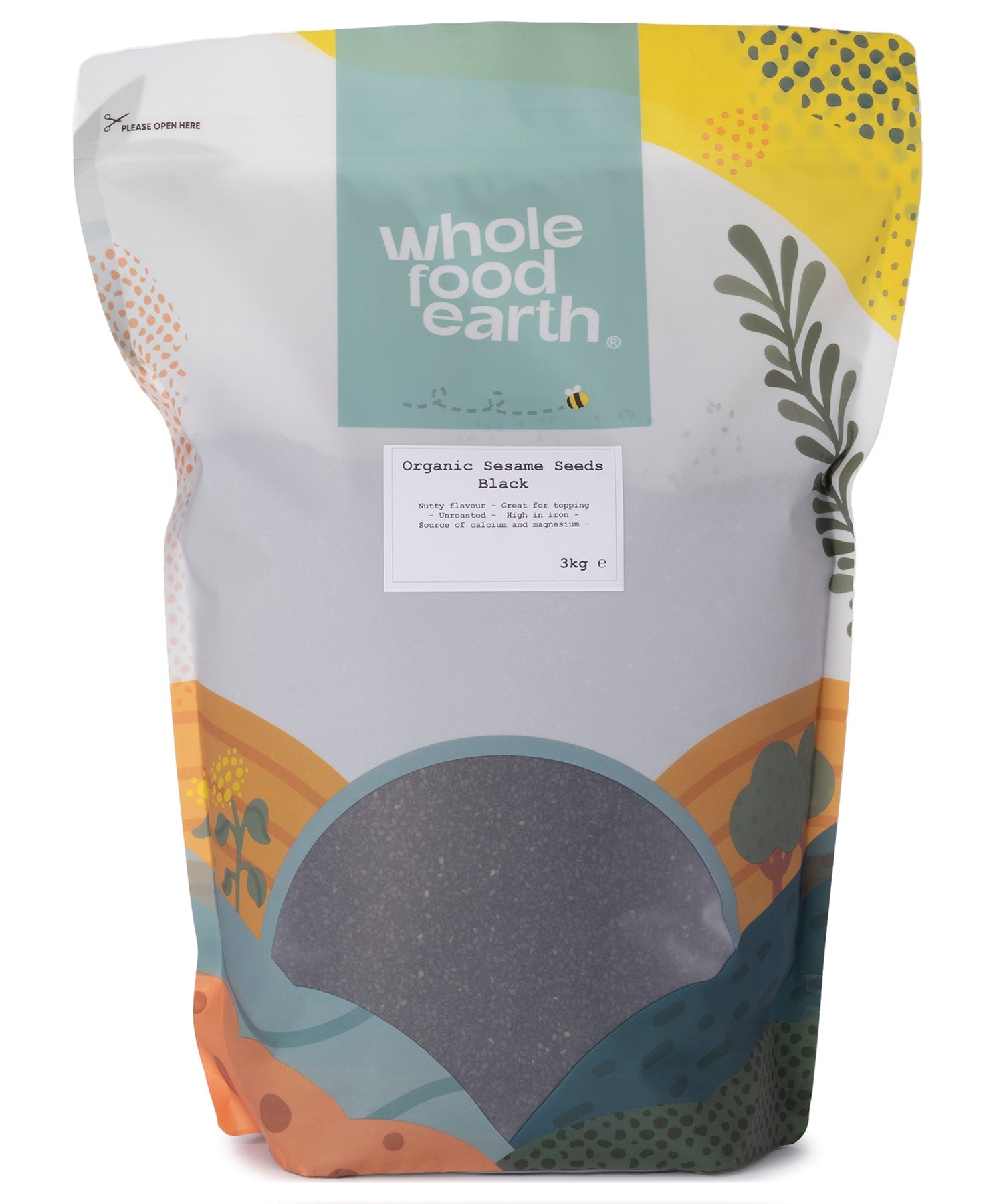 Black organic sesame seeds from Whole Food Earth, small roasted seeds in a clear container, ideal for cooking and baking.