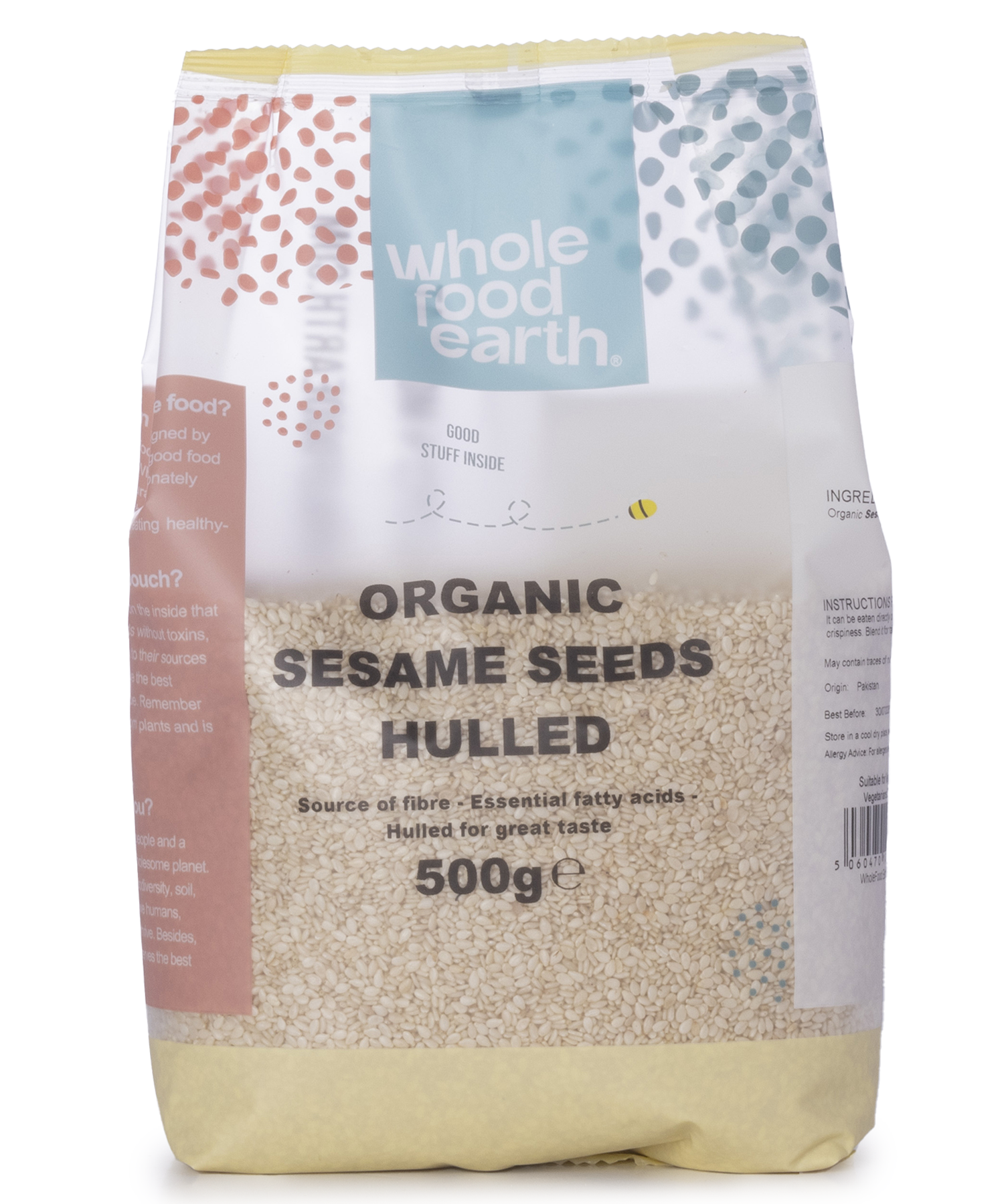 Organic hulled sesame seeds by Whole Food Earth, showing a close-up of light tan, smooth, shelled sesame seeds in a 500g package.