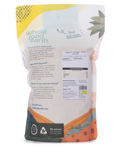 Hulled organic sesame seeds in a clear container, showing small off-white seeds ideal for cooking and baking.