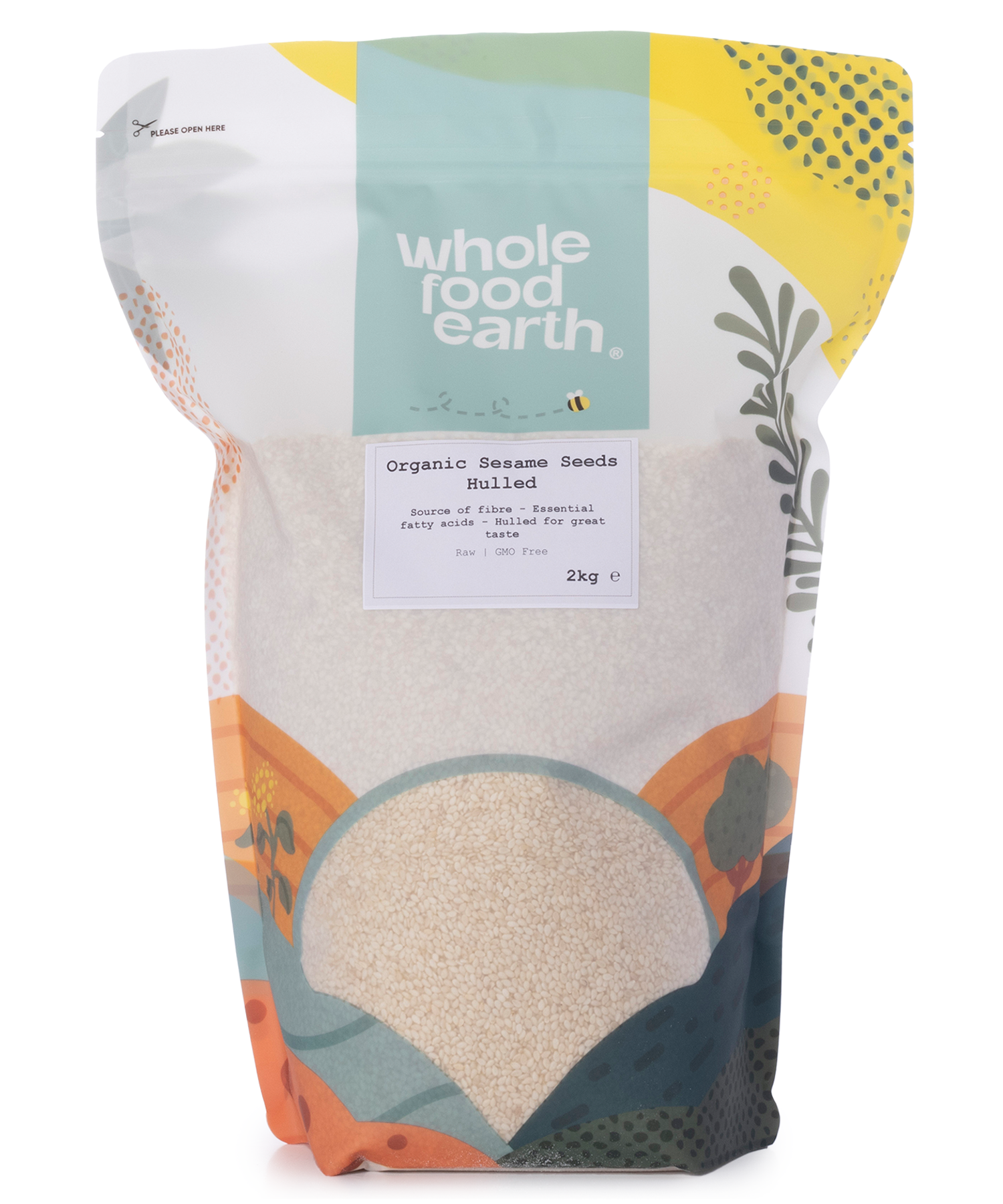 Hulled organic sesame seeds in a 2kg package from Whole Food Earth, raw and light-colored seeds suitable for cooking or baking.