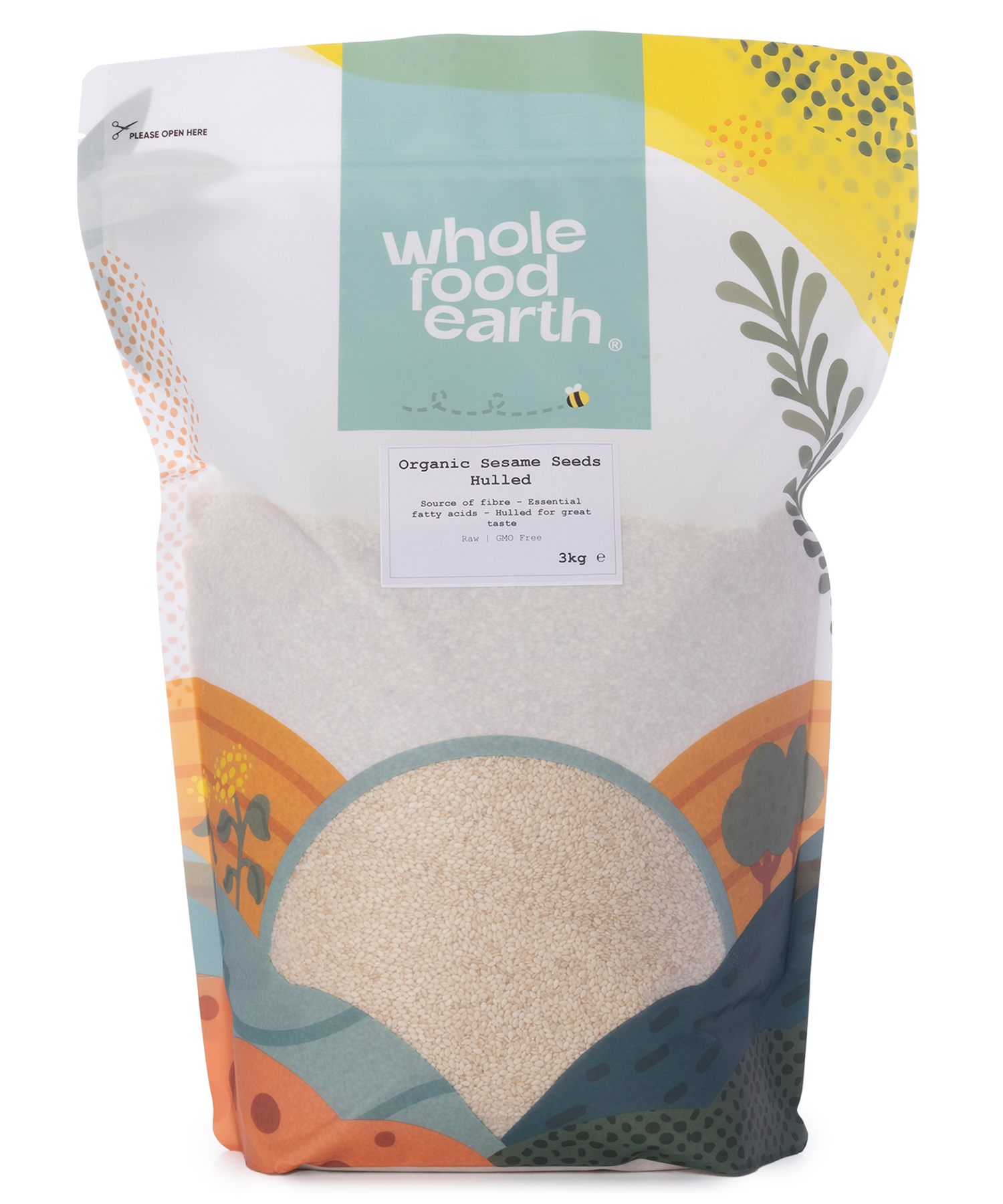 Hulled organic sesame seeds in a 3kg bag, natural light-colored seeds from Whole Food Earth, suitable for cooking and baking.