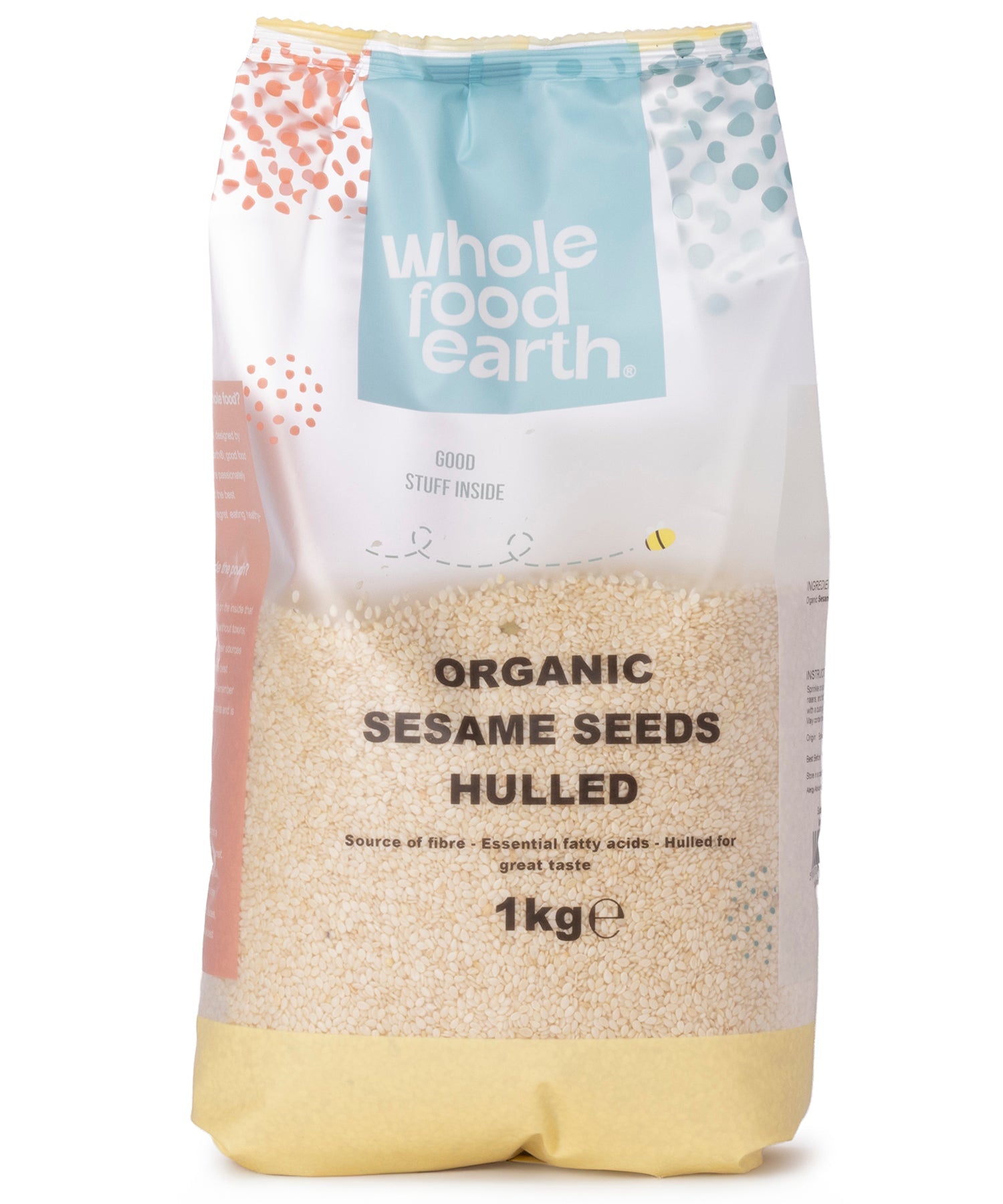 Organic hulled sesame seeds from Whole Food Earth in a 1kg package, showing small, light tan seeds suitable for cooking and baking.