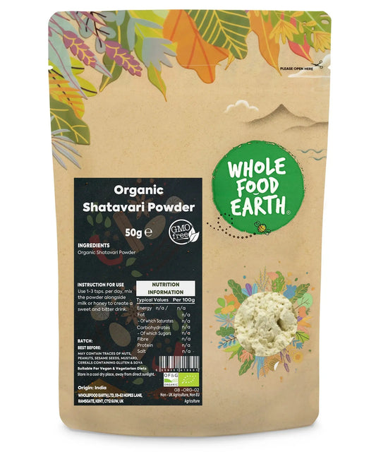 Organic Shatavari powder in a 50g package, herbal supplement from Whole Food Earth, showcasing the fine, light-colored powdered herb.