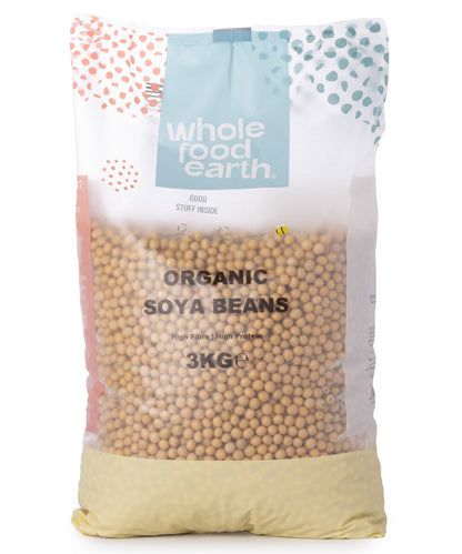 Organic Soya Beans from Whole Food Earth, 3kg bag, showing fresh, plump soybeans in a natural setting for rice and couscous dishes.