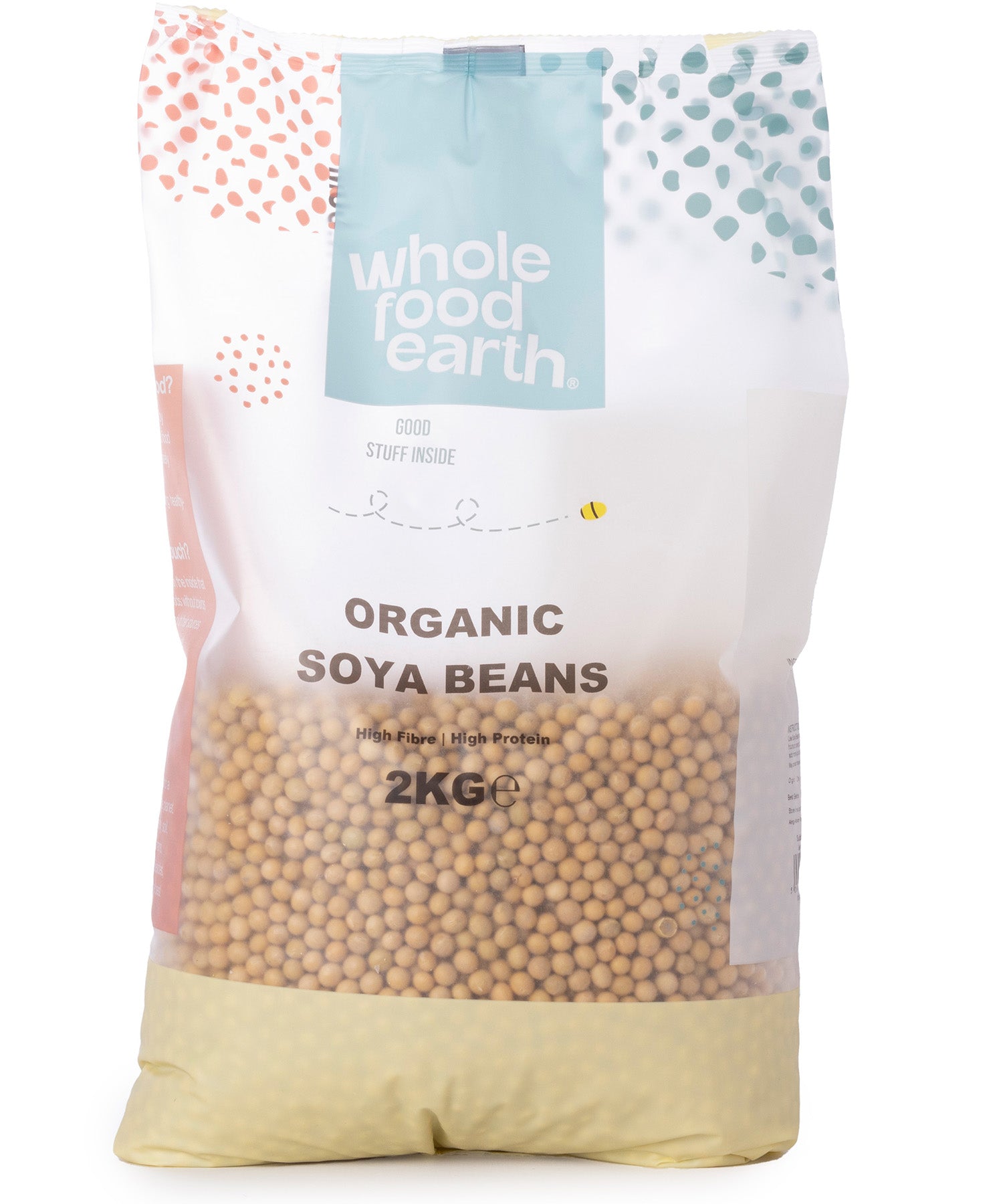 Organic soybeans in a 2kg bag from Whole Food Earth, ideal for rice and couscous dishes, showing fresh, green soybeans.