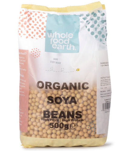 Organic Soya Beans from Whole Food Earth, 500g package, shown in a clear image highlighting fresh, organic soybeans.