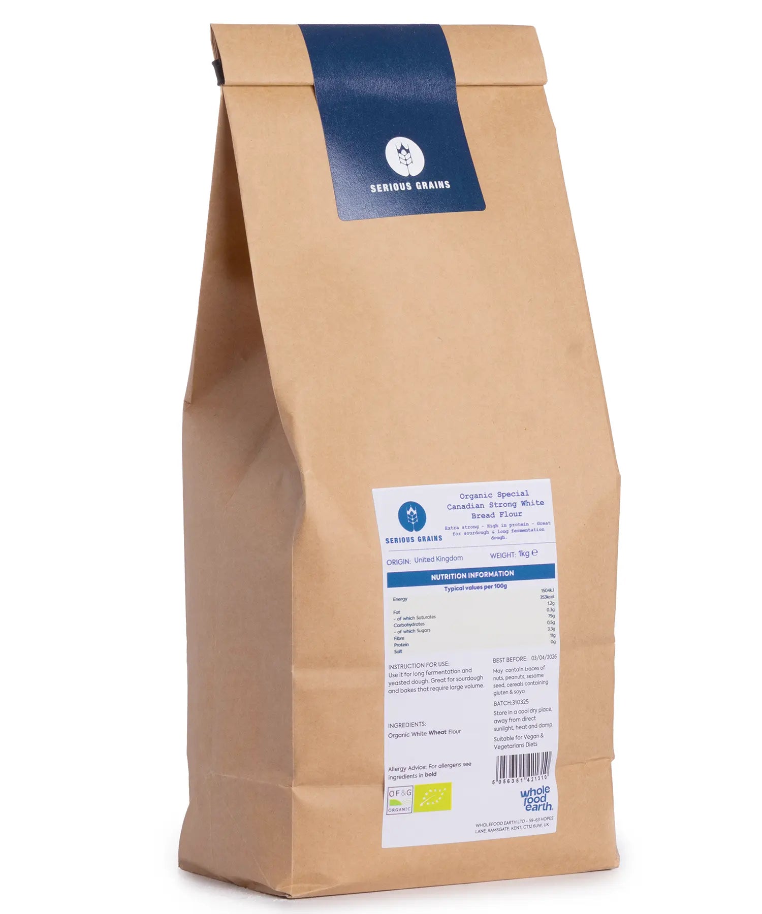 Organic Canadian strong white bread flour by Whole Food Earth, showing a 1kg bag of high-quality flour for baking.