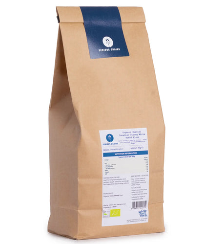Organic Canadian strong white bread flour by Whole Food Earth, showing a 1kg bag of high-quality flour for baking.