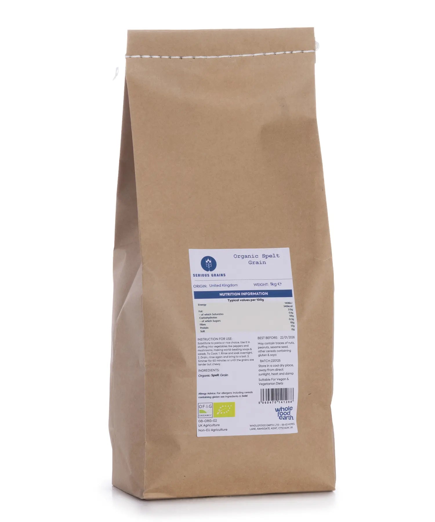 Organic spelt grain from Whole Food Earth, 1kg package, showing fresh, whole spelt grains in a clear view.
