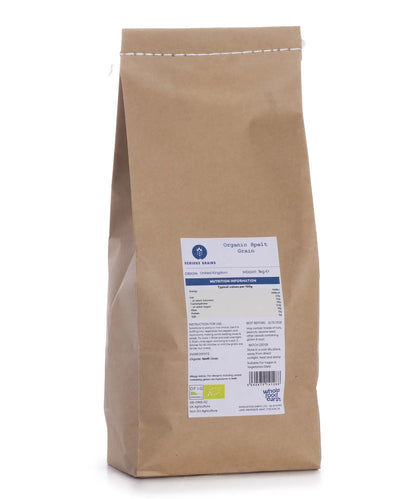 Organic spelt grain from Whole Food Earth, 1kg package, showing fresh, whole spelt grains in a clear view.