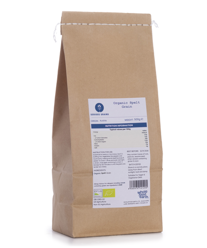 Organic spelt grain from Whole Food Earth, 500g bag of whole, natural spelt grains for cooking and baking.