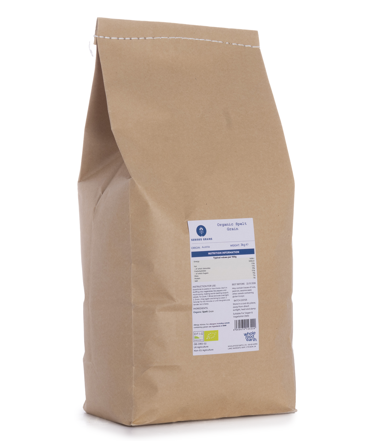 Organic spelt grain in a 3kg bag from Whole Food Earth, showing light brown whole spelt grains in a clear bag.