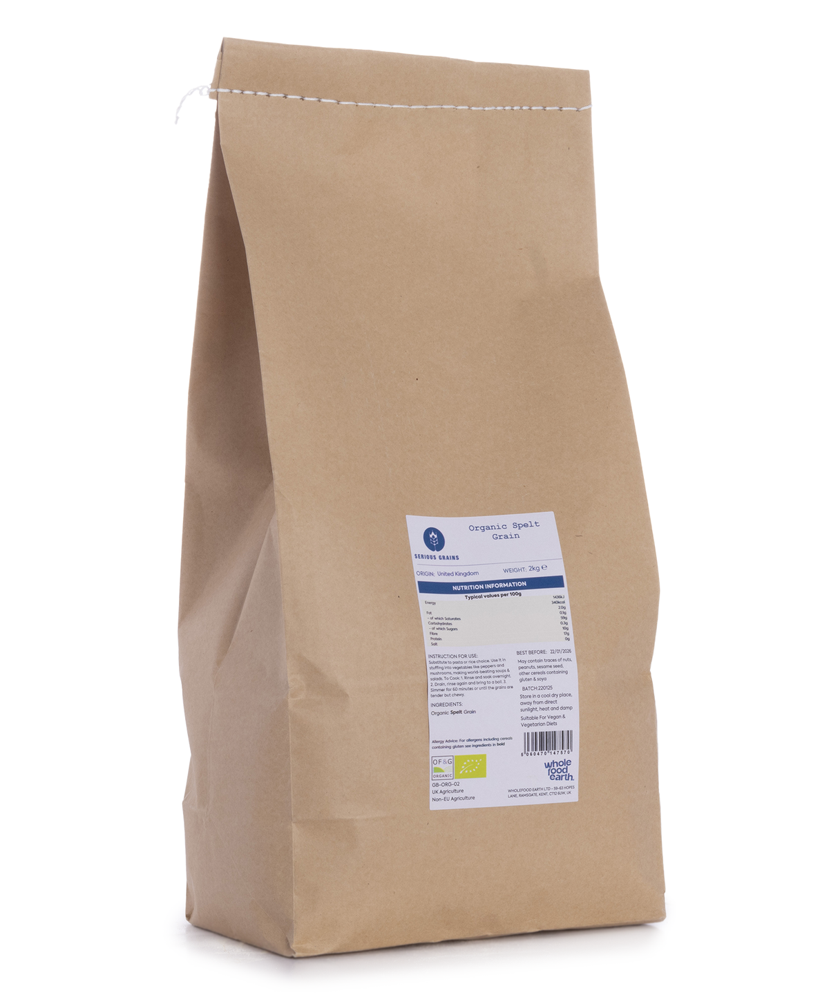 Organic spelt grain from Whole Food Earth, 2kg bag, showing whole, unprocessed spelt grains in a natural, rustic setting.